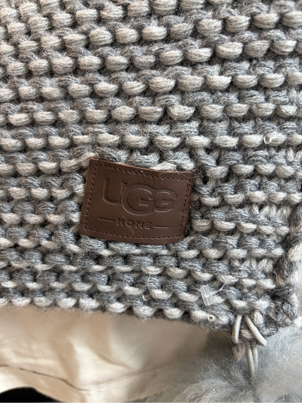 UGG Gray Chunky Knit Throw with Leather Logo